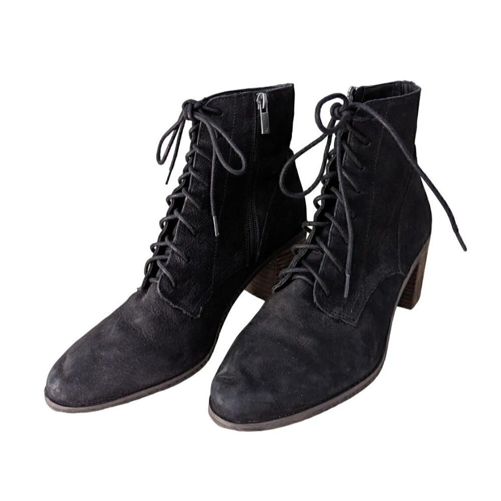 Lucky Brand Persee Boot Lace Up Zip Block Heel Black Leather Women's 10